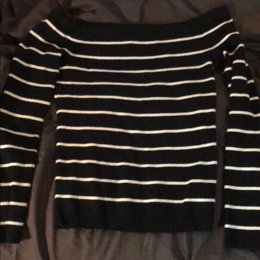 Black and white striped off the shoulder sweater
